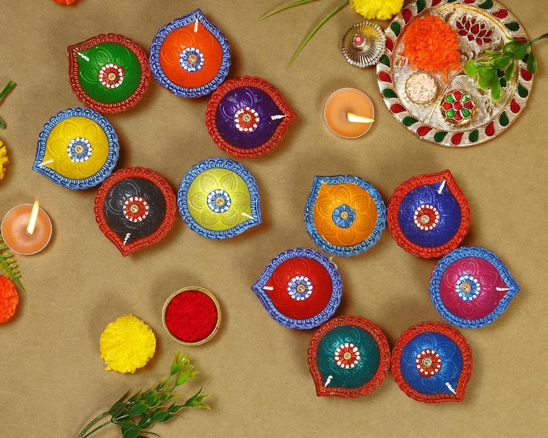 TrendBell Handmade Terracotta Set of 12 Clay Diya for Diwali/Navratri Decorations Oil Lamp Tea Light Holder Indian Festival Diyas for Pooja & Diwali Decorations | TRBD12M-015 (Multicolor) - Image 2